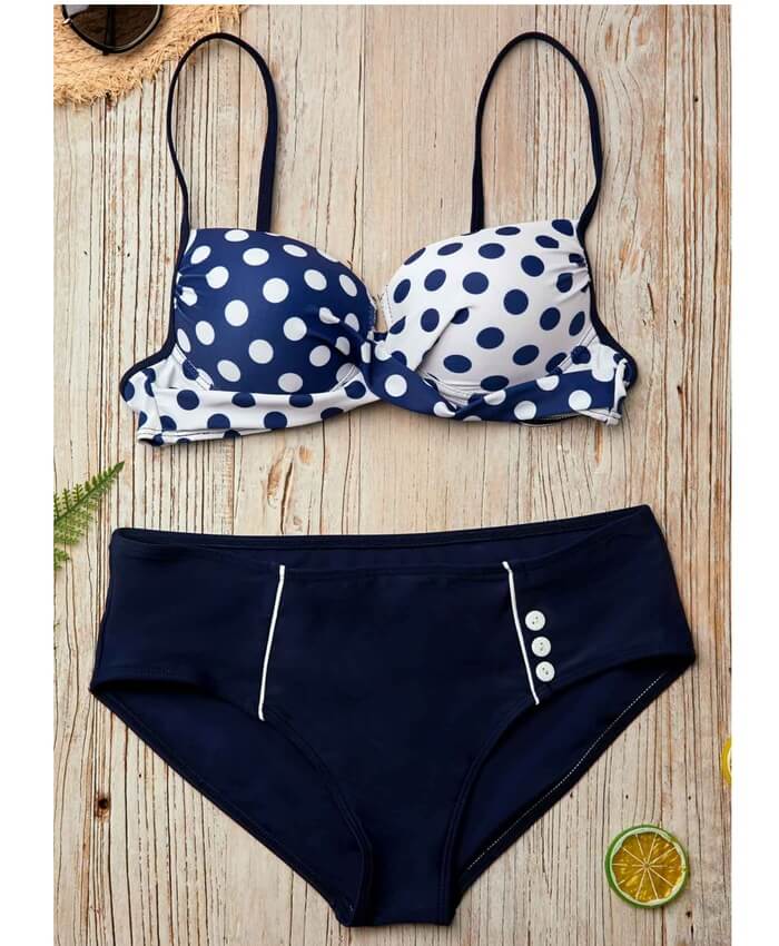Twist Front Polka Dot Navy Swimwear Bra and Panty